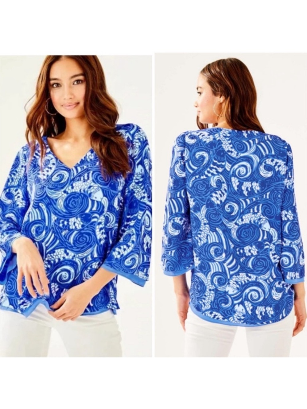 Lilly Pulitzer Florin reversible Lileeze 3/4 Sleeve V Neck Blue Grotto Medium